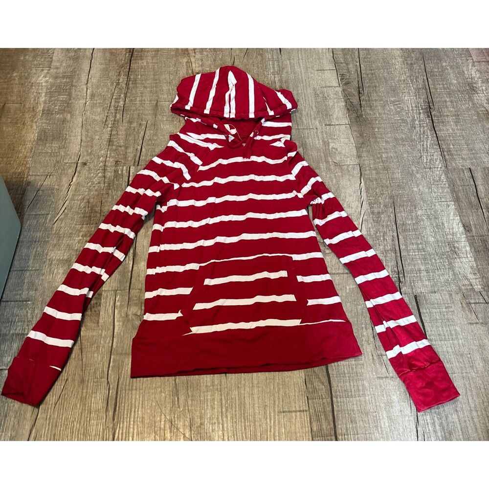 Zenana Outfitters Hoodie Small Red White‎ Striped Long Sleeve Casual Lightweight